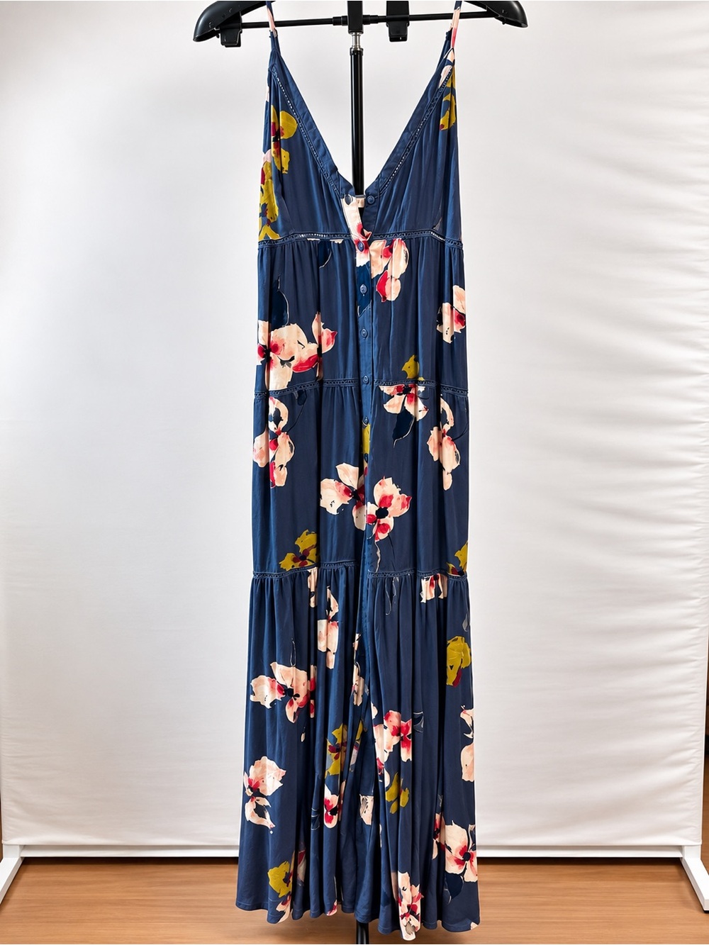Rip Curl Navy Floral Tiered Maxi Dress with V-Neck